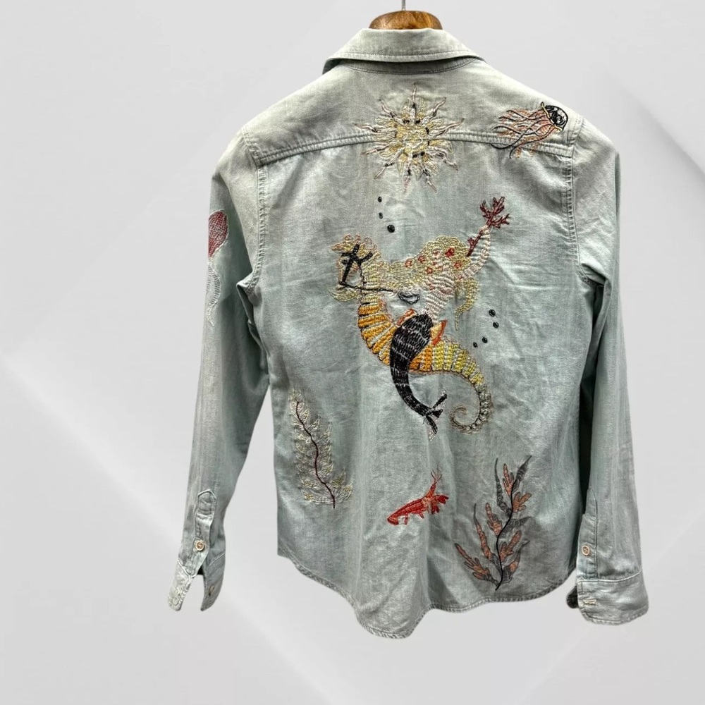 MOTHER Foxy Boxy Buried Treasure Embroidered Shirt Denim Indigo In Blue S Small - Picture 3 of 9